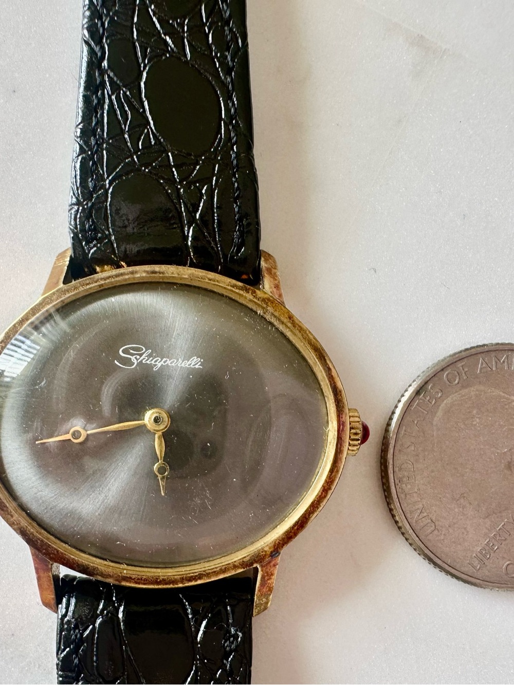 Vintage Schiaparelli Mechanical Watch Black Dial Cabochon Crown - Working - Picture 2 of 12
